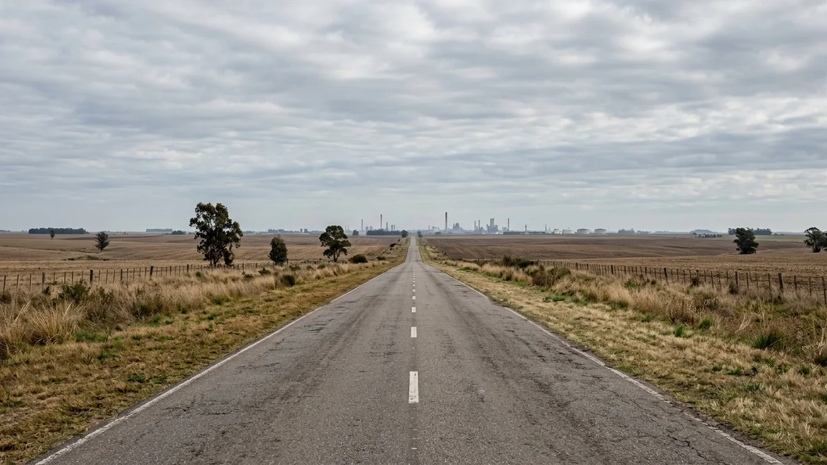 Ruta asfaltada de dos manos en la llanura bonaerense, con campos y siluetas de chimeneas industriales grises en el horizonte bajo luz natural.