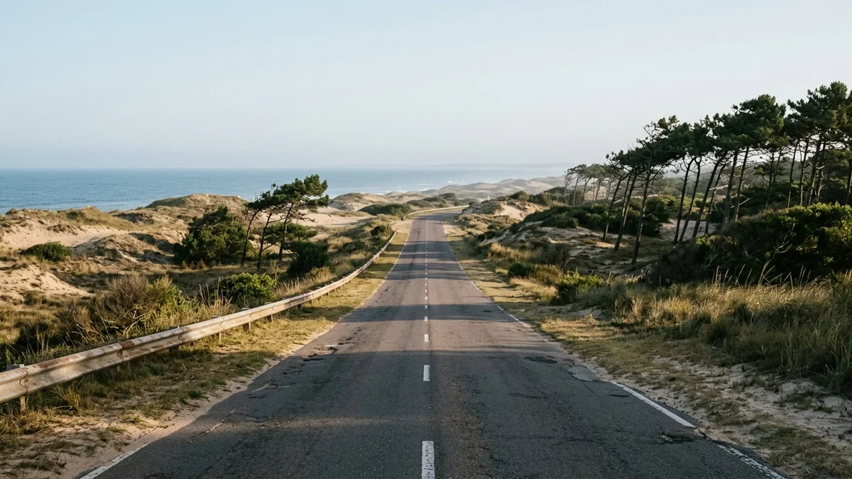 Camino costero de dos carriles entre médanos y pinos al atardecer, sin vehículos ni carteles, con una franja de mar en el horizonte.