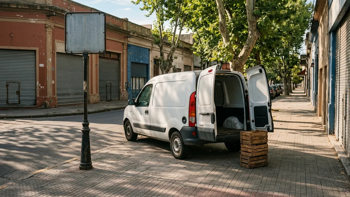 Camioneta utilitaria blanca con las puertas traseras abiertas junto al cordón de una calle comercial, con cajones de madera apilados sobre la vereda.
