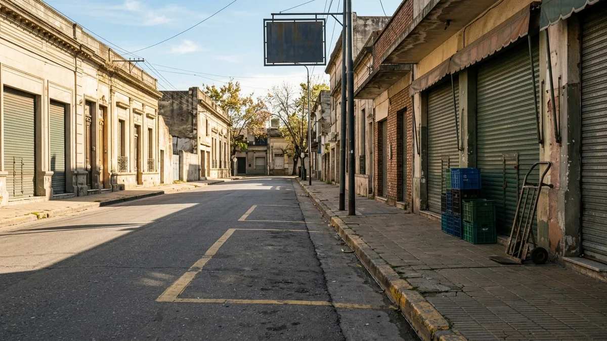 Tramo de calle comercial con cordón pintado y un recuadro demarcado en el asfalto, frente a persianas bajas, con cajones apilados y luz de la mañana.
