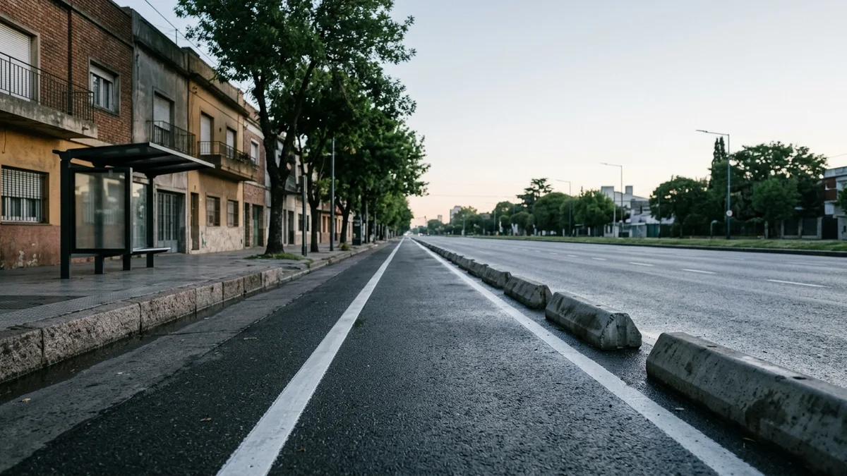 Avenida urbana vacía al amanecer con un carril lateral delimitado por línea continua repintada y separadores bajos de hormigón.