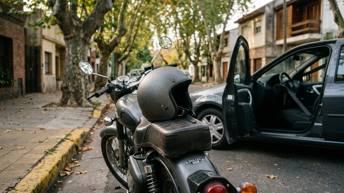 Casco apoyado en el asiento de una moto estacionada en una calle arbolada; detrás, la puerta abierta de un auto con el cinturón extendido.