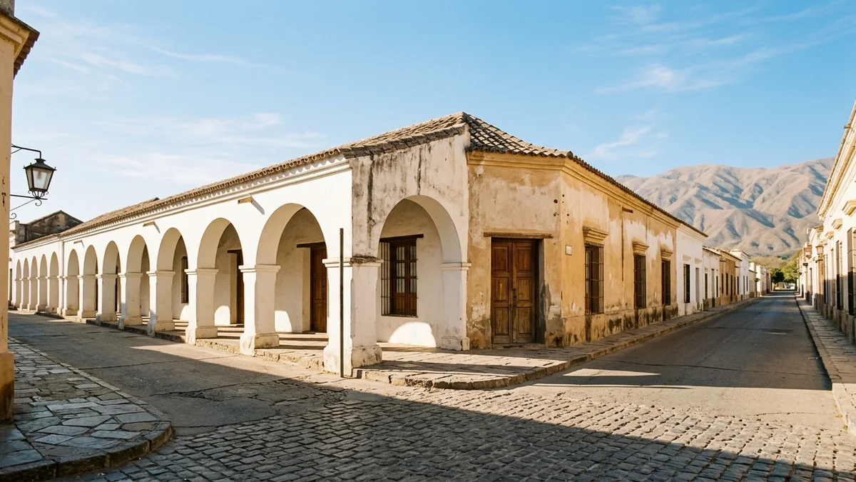 Esquina céntrica de Catamarca con fachadas coloniales encaladas, una galería de arcos en sombra y los cerros difusos al fondo.