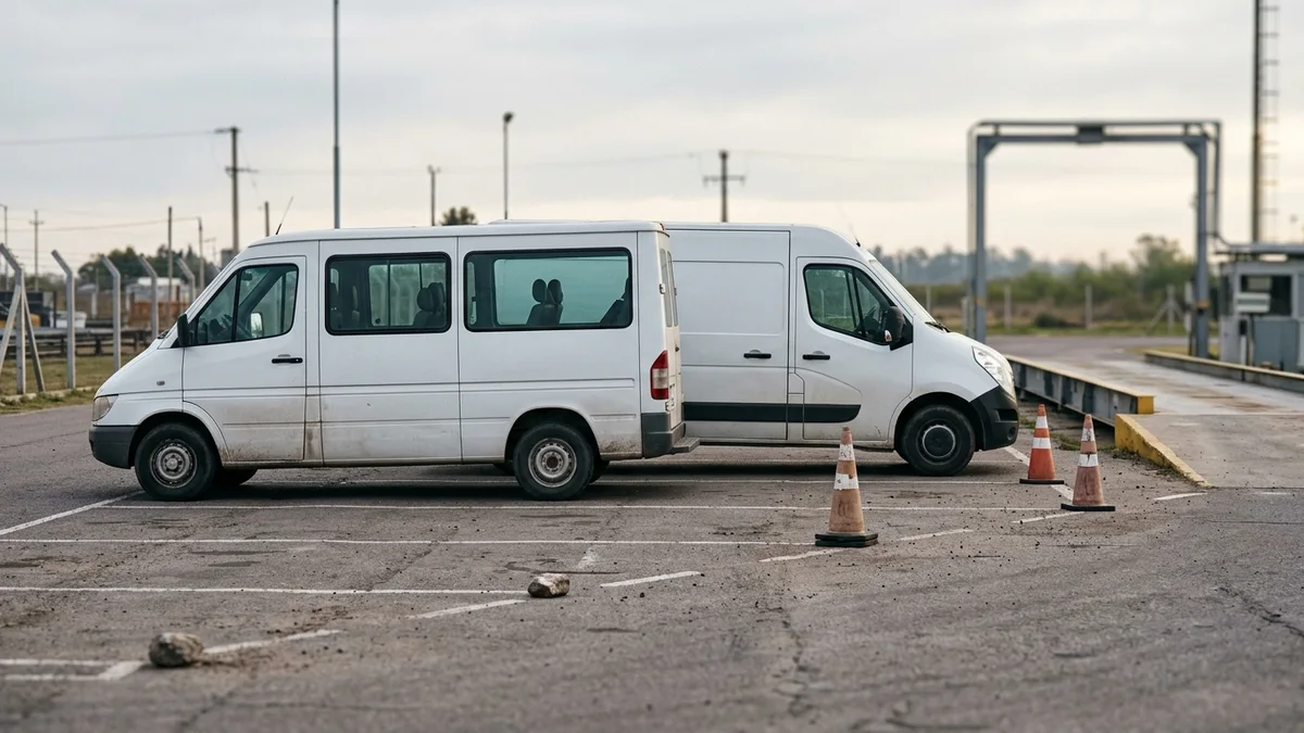 Dos utilitarios blancos de distinta configuración vistos de perfil junto a una balanza vial