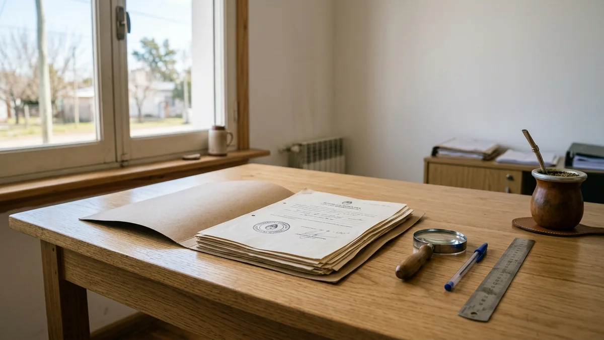Carpeta de papeles abierta sobre un escritorio de madera junto a una ventana, con una lupa, un bolígrafo y una regla metálica iluminados por luz natural.