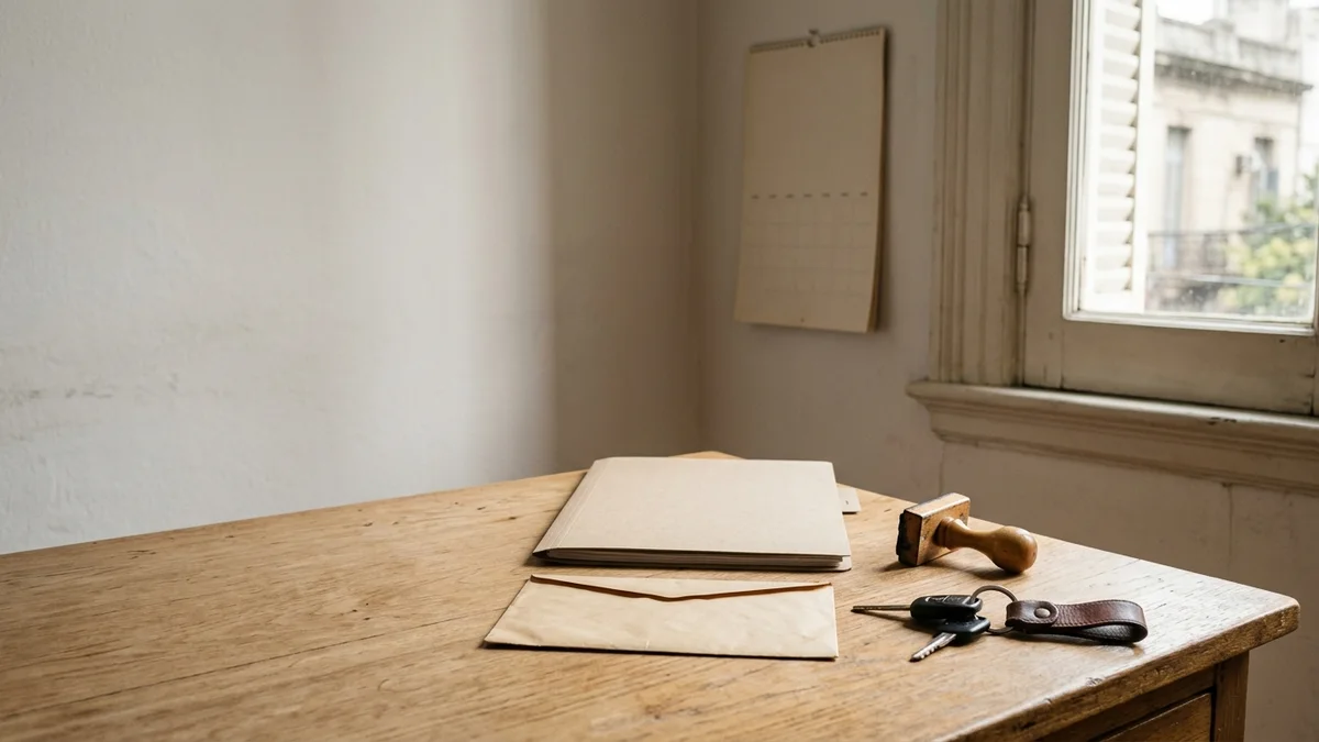 Mesa de madera junto a una ventana con una carpeta cerrada, un sobre, un sello de goma y llaves de auto, y un calendario de papel desenfocado al fondo.