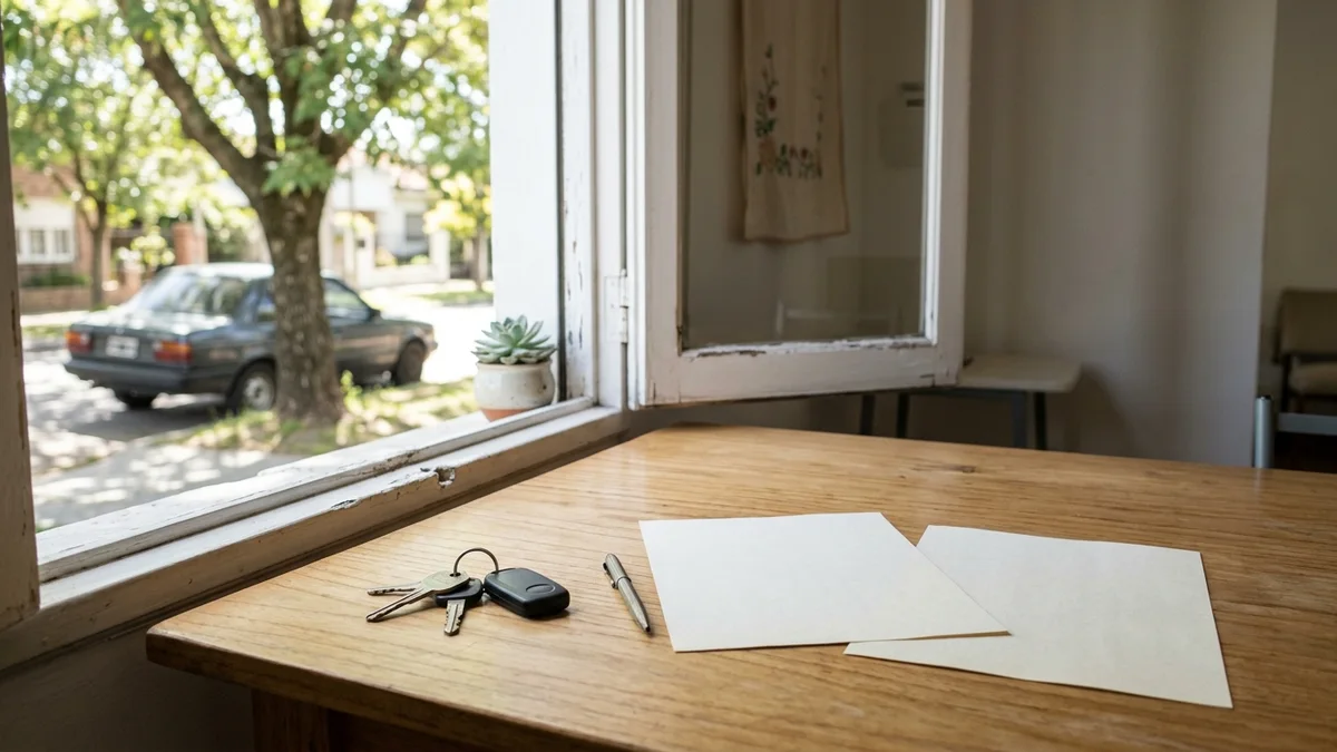 Llaves de auto y dos hojas en blanco sobre una mesa de madera junto a una ventana, con un vehículo desenfocado al fondo.