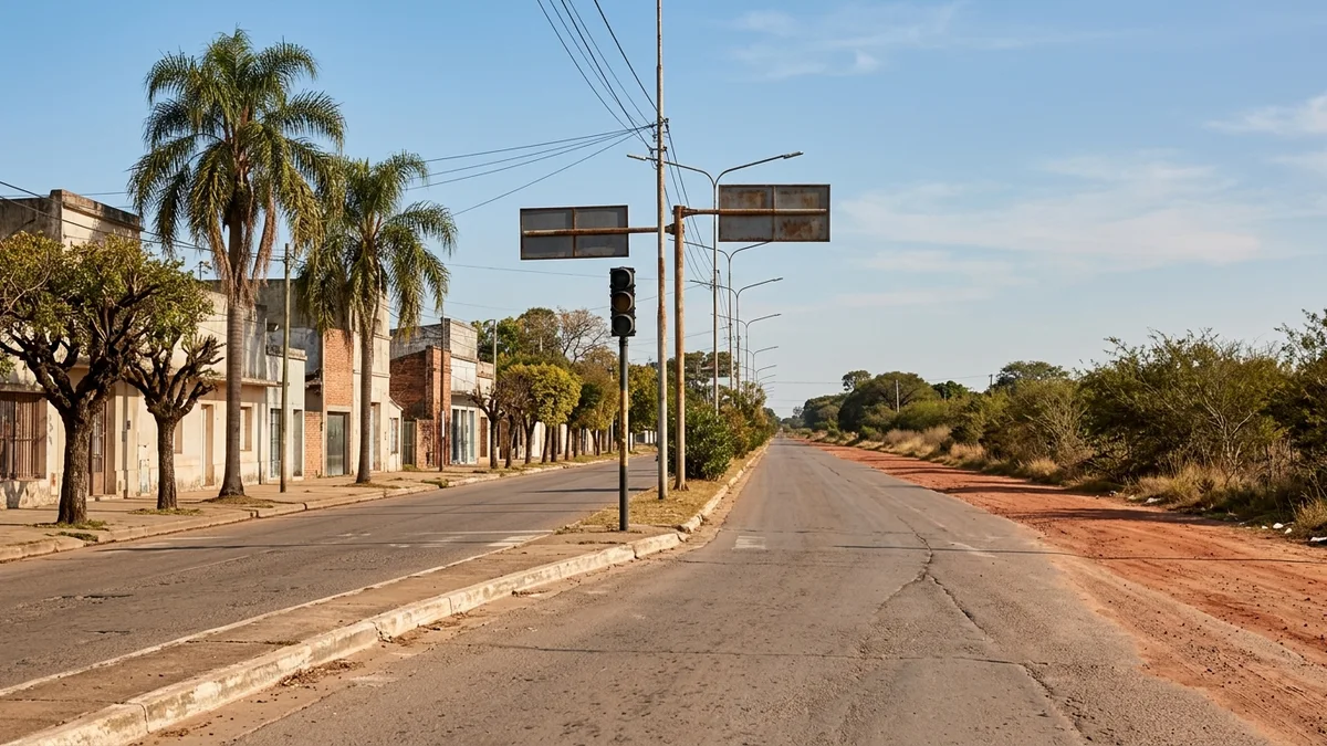 Avenida chaqueña a media mañana: a un lado calle céntrica con arbolado y cordón, al otro la salida hacia una colectora de ruta con banquina de tierra colorada.