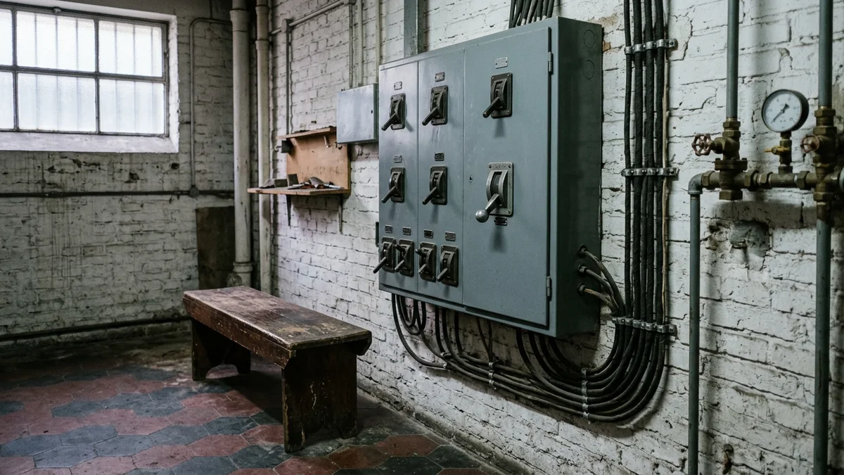 Tablero eléctrico de chapa gris en un sótano de ladrillo, con una palanca bajada, iluminado por la luz fría de una ventana alta con reja.