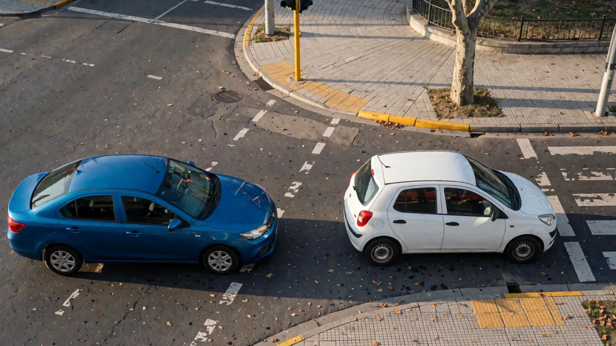 Dos autos detenidos en ángulo en un cruce de avenida tras un choque leve, con las luces de emergencia encendidas, vistos desde un primer piso.