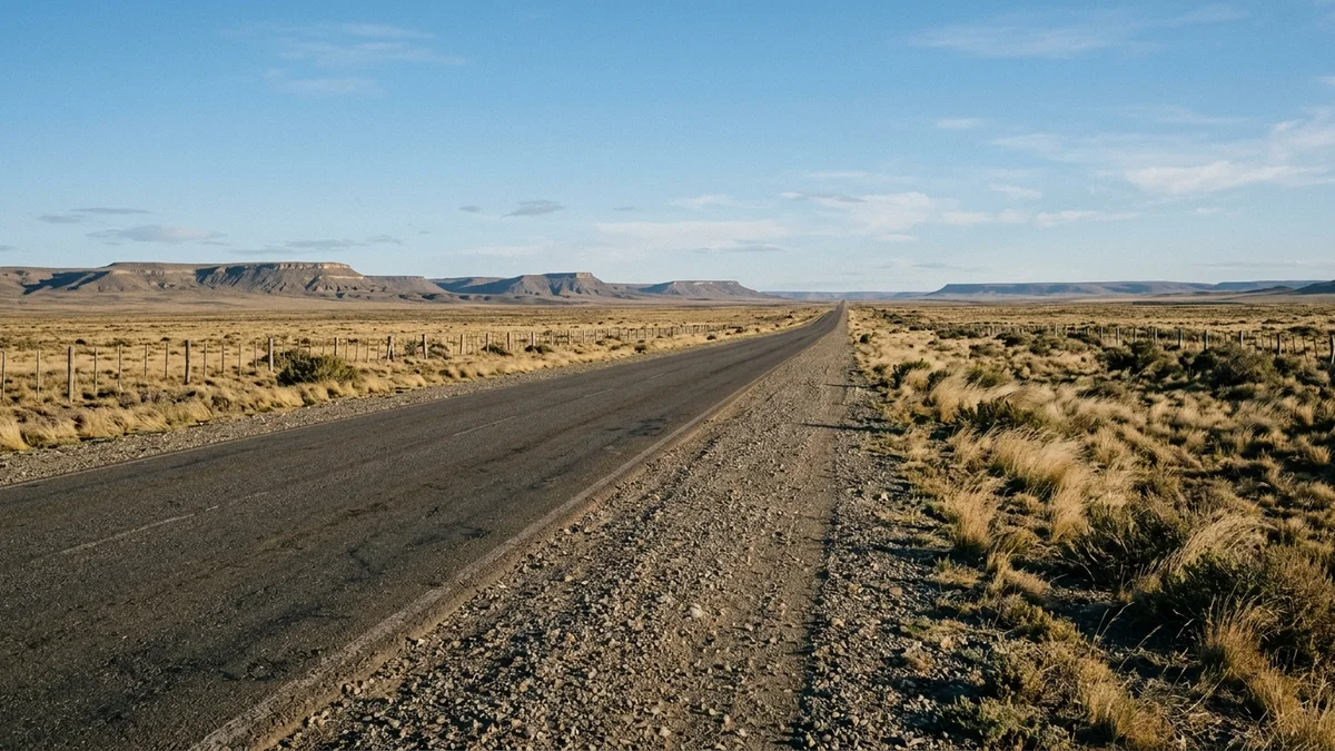 Ruta asfaltada recta que cruza la estepa patagónica hacia el horizonte, con banquina de ripio, postes de alambrado y luz baja de la tarde.