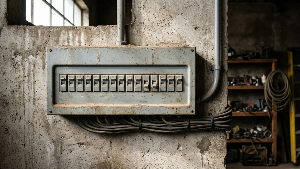 Tablero eléctrico de chapa gris con una hilera de llaves térmicas: una palanca quedó bajada y las demás siguen levantadas, bajo luz natural lateral.