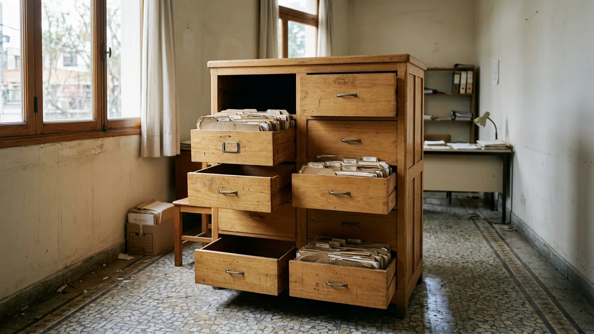 Archivador de madera con cajones abiertos: unos llenos de carpetas de cartón y otros vacíos, bajo luz natural de ventana.