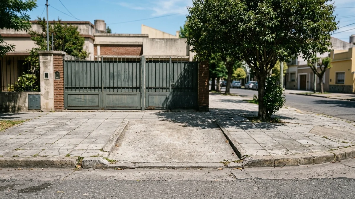 Rampa de hormigón de una cochera que cruza la vereda hasta el cordón de una calle residencial argentina, con el portón cerrado al fondo.