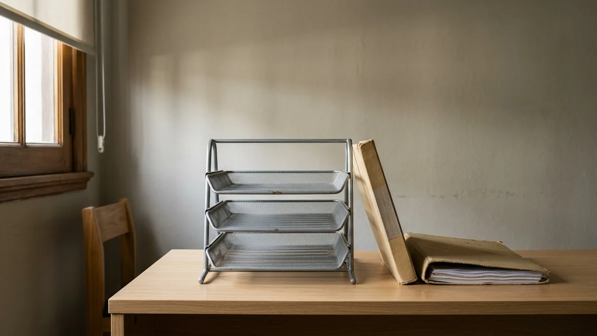 Escritorio de madera con tres bandejas metálicas de clasificación apiladas y vacías junto a una carpeta cerrada, con luz natural de ventana.