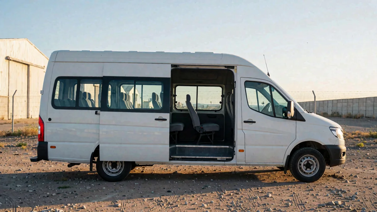 Combi blanca de perfil con la puerta lateral abierta y asientos vacíos, junto al portón de una planta industrial en la meseta neuquina al amanecer