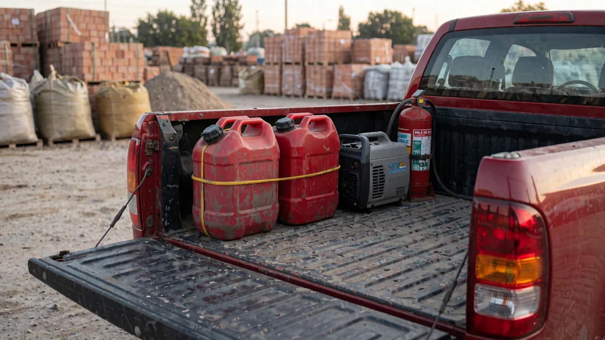 Caja de carga de una pick-up de trabajo con dos bidones rojos de combustible amarrados junto a un grupo electrógeno y un matafuego