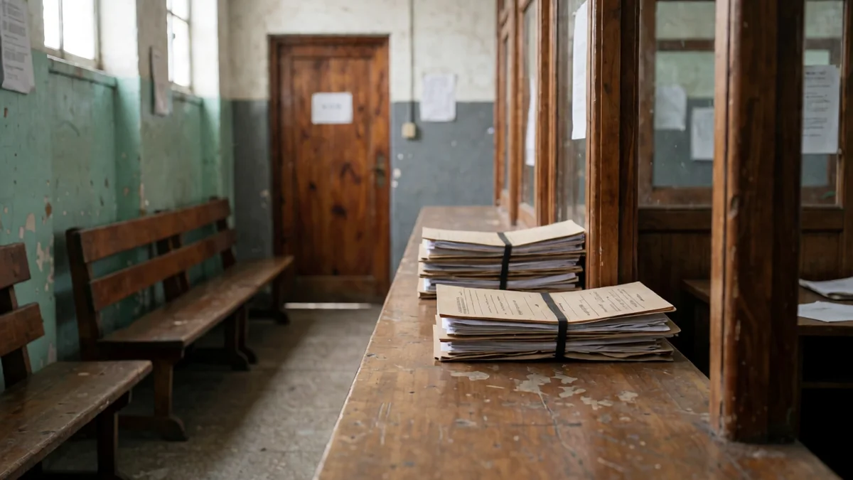 Mostrador de madera de un juzgado de faltas con una llave de auto y carpetas de expedientes atadas vistas de canto, frente a un pasillo con bancos vacíos