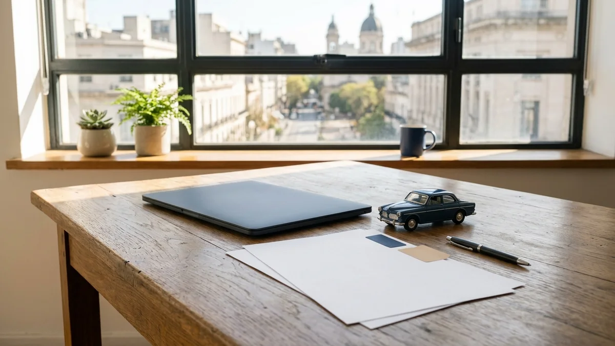 Mesa editorial con notebook cerrado, hojas en blanco y un automóvil a escala en una oficina argentina