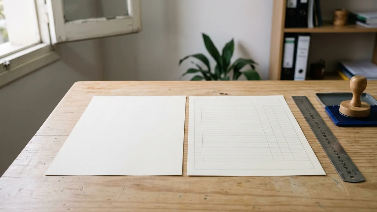 Dos formularios de papel en blanco casi idénticos, apoyados lado a lado sobre un escritorio de madera clara junto a una regla metálica, con luz natural de ventana.