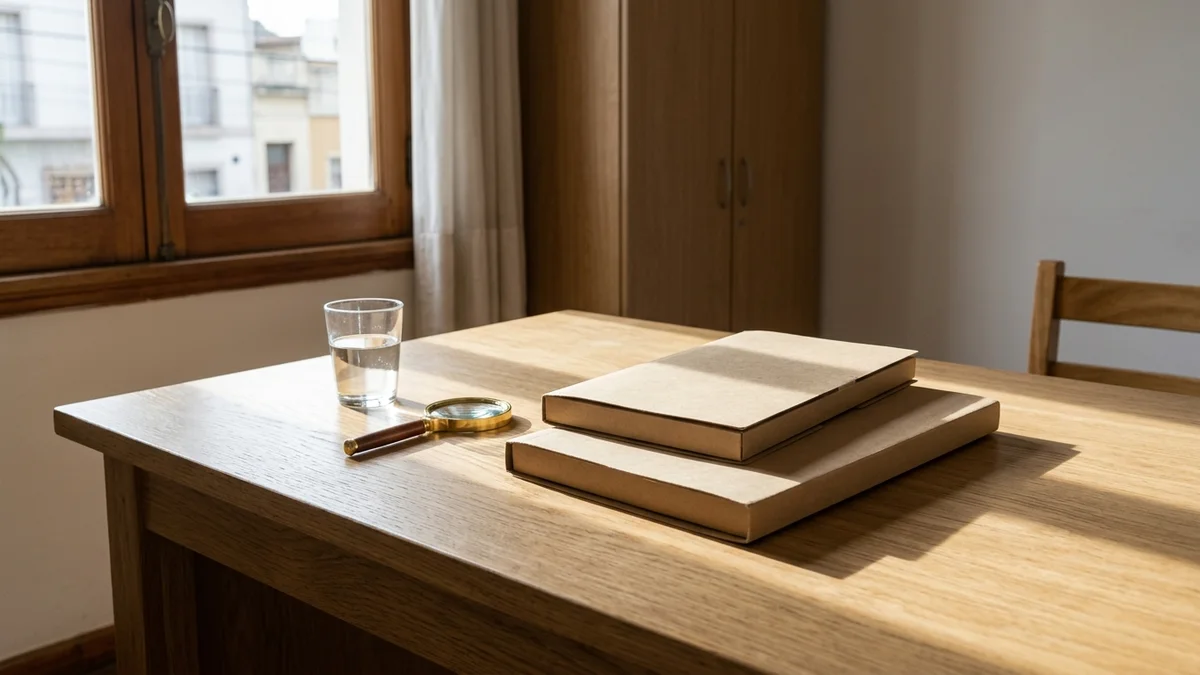 Escritorio de madera junto a una ventana con dos carpetas apiladas y una lupa; la luz de la mañana proyecta dos sombras de distinta longitud.