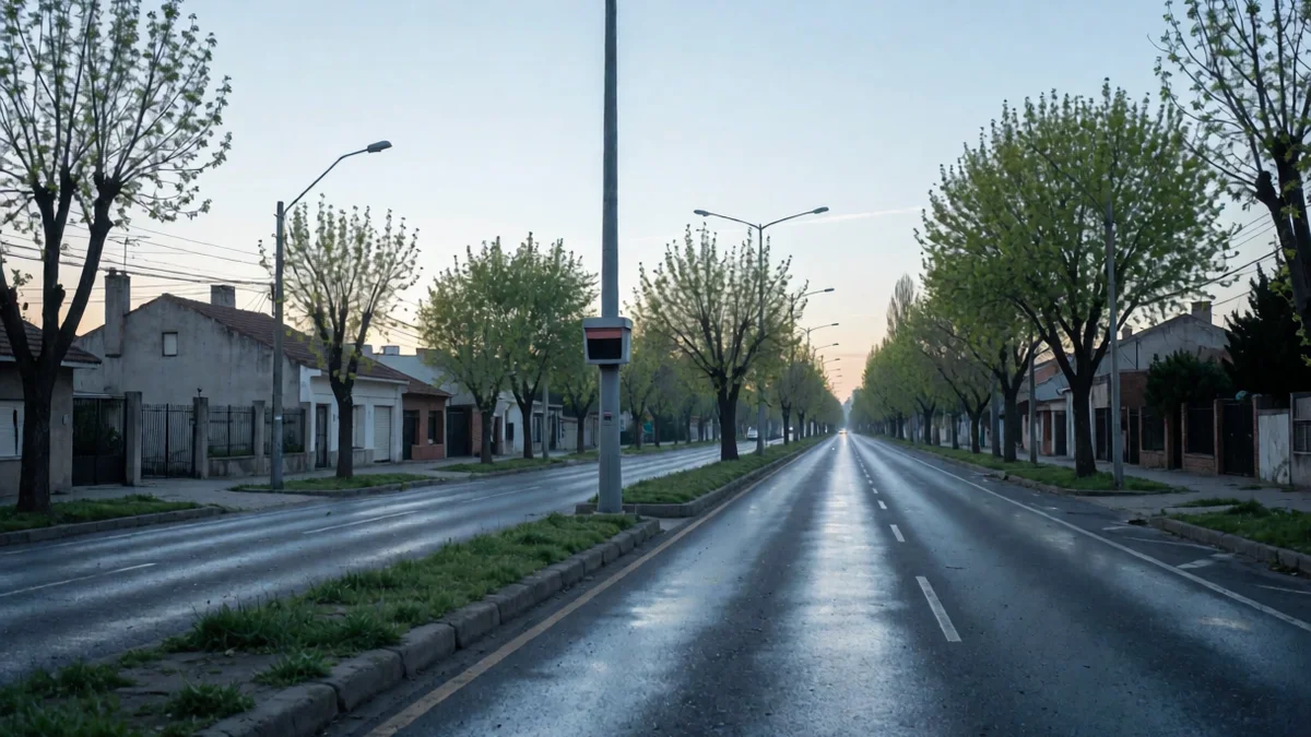 Avenida del sur del conurbano al amanecer con un poste de cámara de control vial junto a la calzada y árboles de vereda.