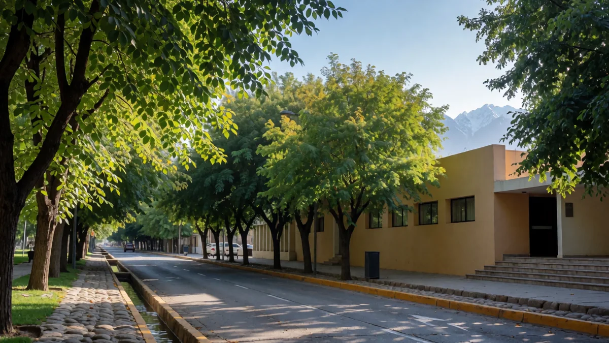 Avenida arbolada del Gran Mendoza con acequia, un edificio municipal y la cordillera nevada al fondo.