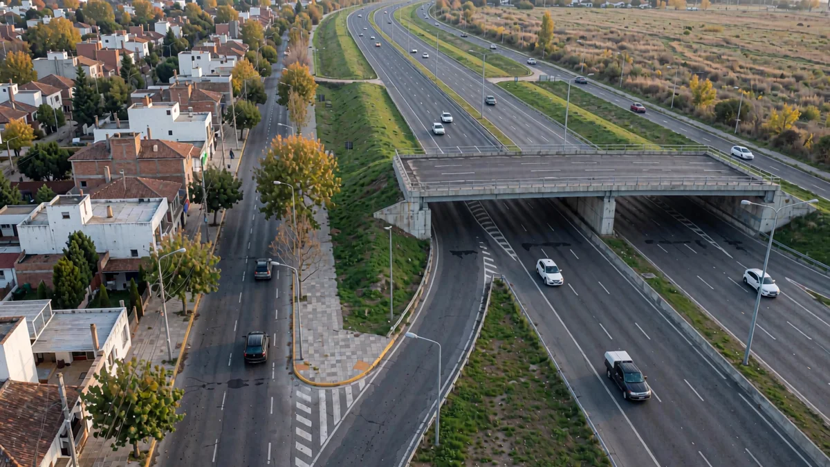 Distribuidor vial visto desde un dron: una avenida arbolada se une con una autopista bajo un pórtico sin carteles y una ruta sale hacia el campo