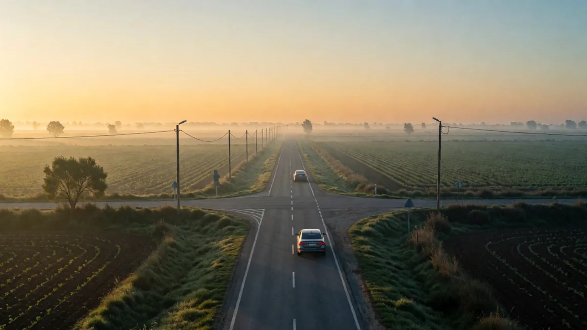 Ruta recta que cruza la llanura al amanecer, con un auto gris a lo lejos y un cruce de caminos rurales.