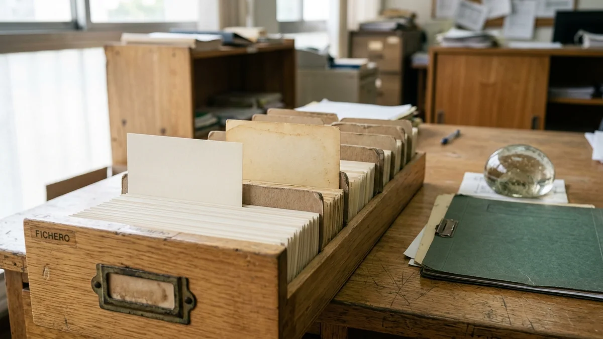 Fichero de madera abierto sobre un escritorio, con una ficha de cartulina clara adelantada y otra más amarillenta detrás, bajo luz natural.