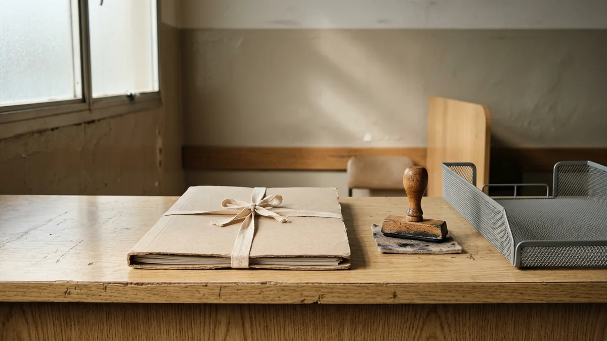 Carpeta de cartulina cerrada y atada con cinta sobre un mostrador de madera, junto a un sello de goma y una bandeja metálica de expedientes vacía.