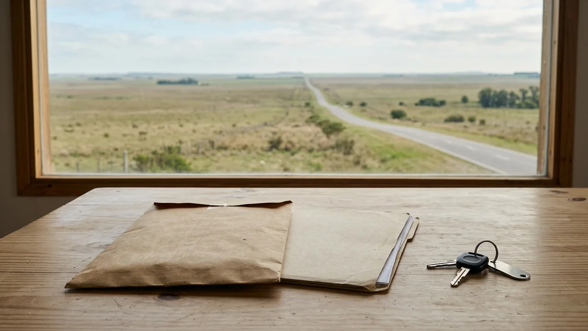 Sobre de papel madera cerrado y una carpeta sobre una mesa junto a una ventana, con llaves de auto al costado y una ruta de llanura al fondo.