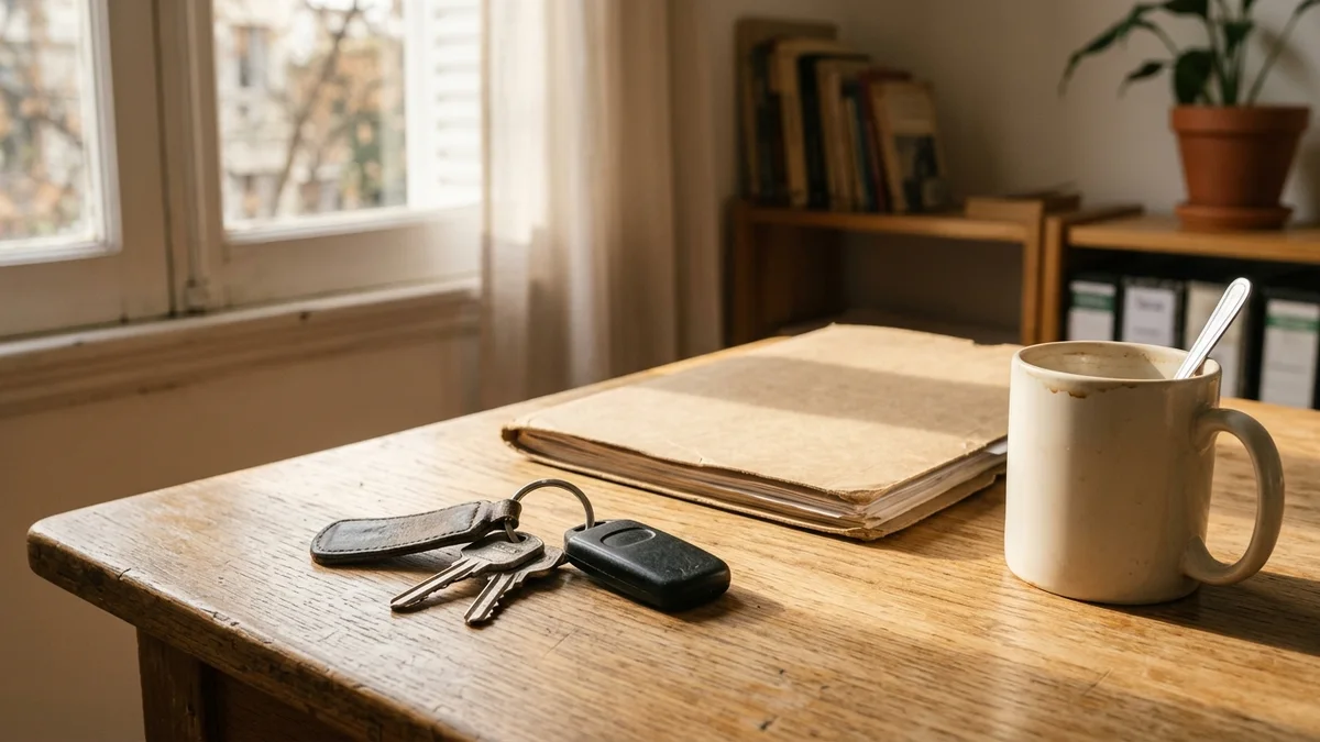 Llaves de auto sobre un escritorio de madera clara, junto a una carpeta cerrada y una taza vacía, con luz de mañana entrando por la ventana.