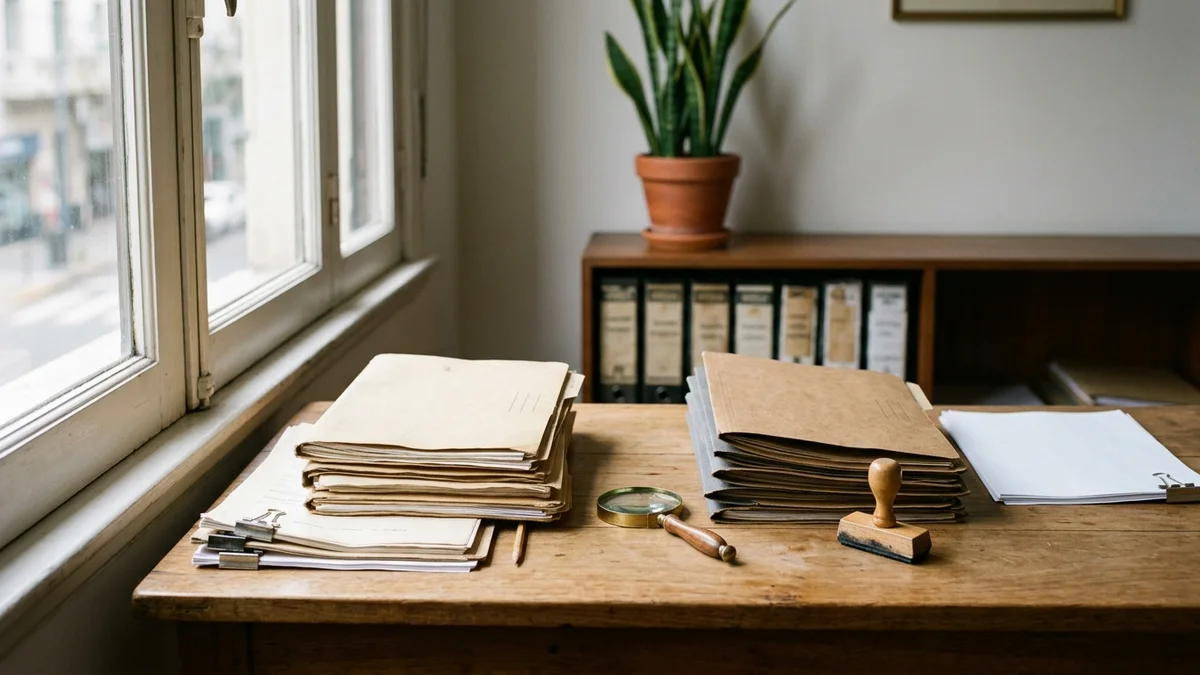 Escritorio de madera junto a una ventana, con dos pilas de carpetas, hojas en blanco con clips, una lupa y un sello, bajo luz natural.