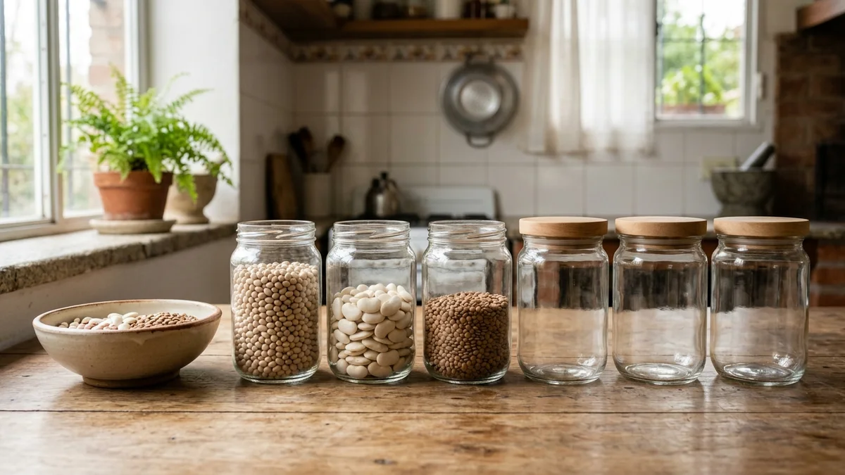 Frascos de vidrio iguales sobre una mesa de madera: tres abiertos muestran su contenido y tres siguen tapados; al costado, un cuenco reúne sólo lo visible.