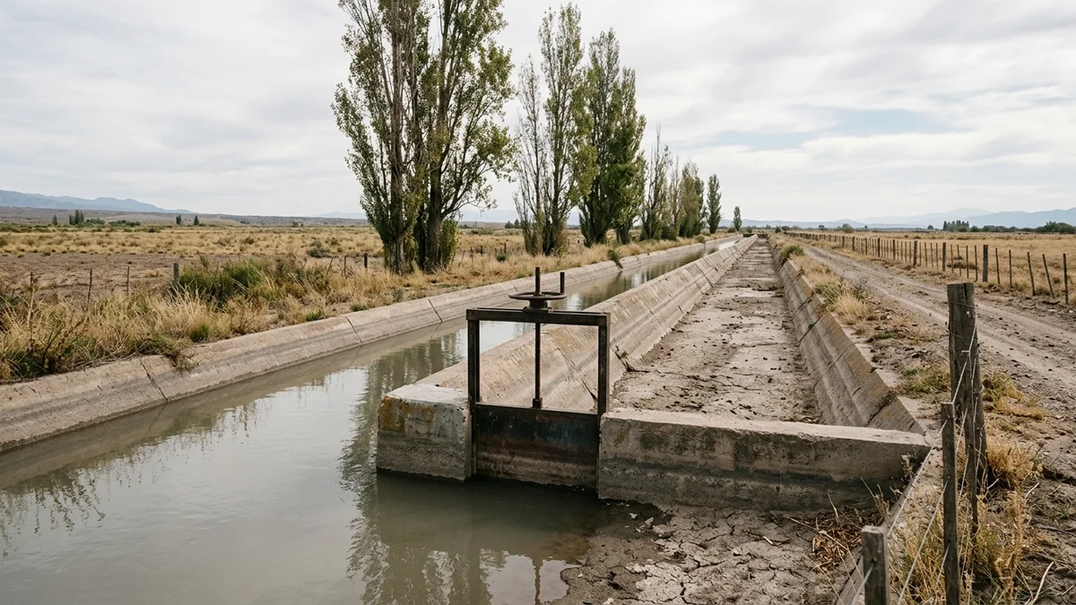 Canal de riego de hormigón con una compuerta metálica cerrada: agua detenida de un lado y el cauce seco del otro, entre álamos y luz de la mañana.