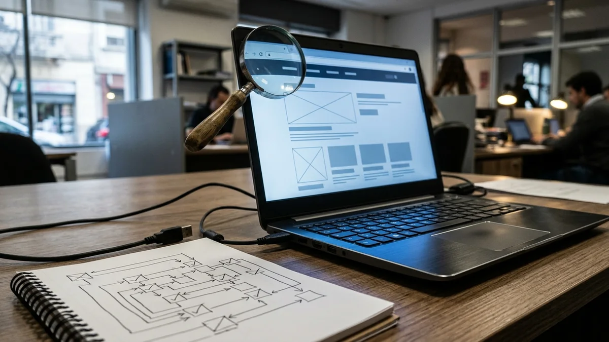 Notebook con una interfaz web abstracta examinada mediante una lupa sobre el escritorio