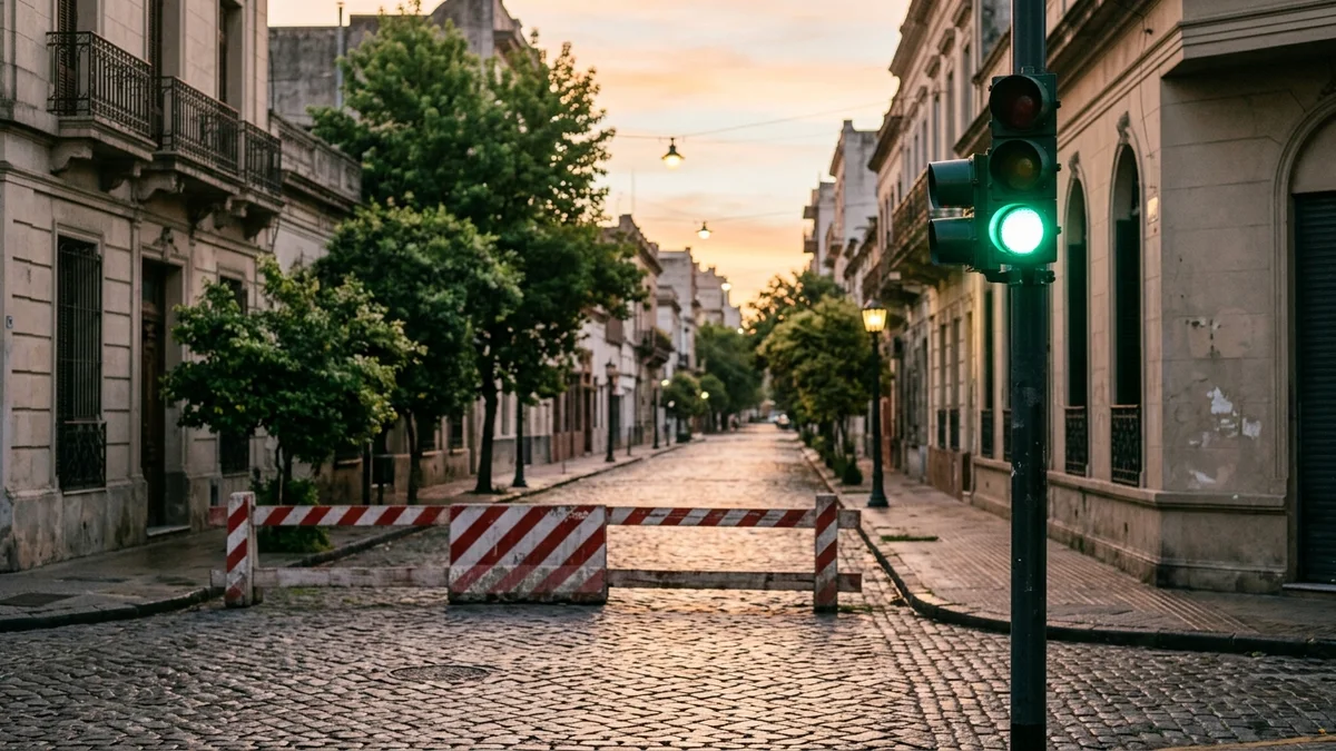 Semáforo en verde frente a una calle cerrada por una barrera de hormigón, al amanecer.