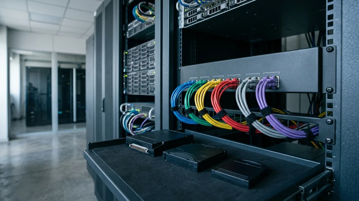 Sala de operaciones con cables de datos conectados a puertos independientes sin etiquetas