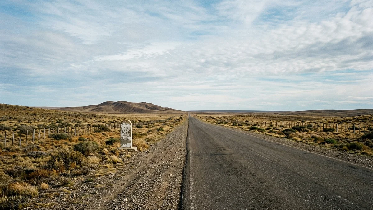 Ruta asfaltada recta en la estepa patagónica, con un mojón kilométrico de hormigón en la banquina y lomas pardas al fondo.