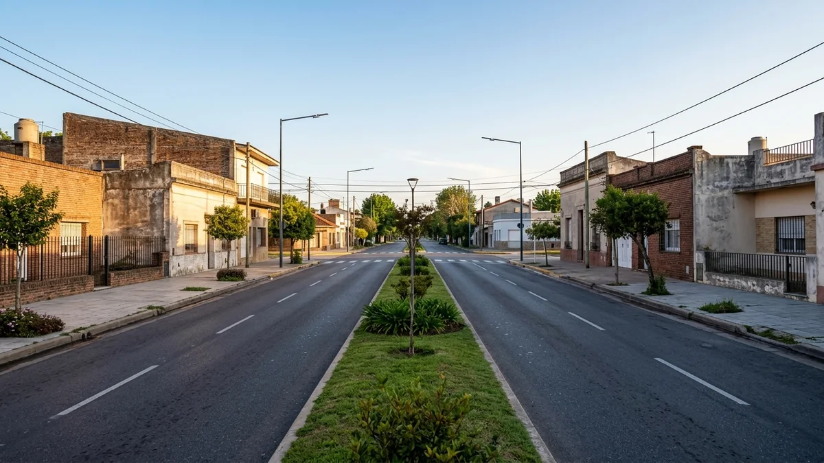 Avenida de doble calzada al amanecer: dos carriles paralelos separados por un cantero de césped convergen a lo lejos en la misma bocacalle.