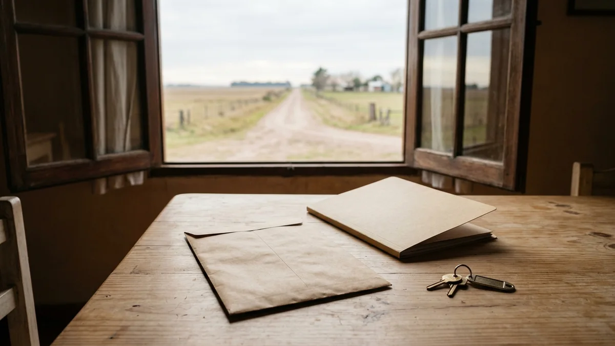 Mesa de madera junto a una ventana con un sobre cerrado, una carpeta y llaves de auto; al fondo, desenfocada, una ruta recta entre campos llanos.