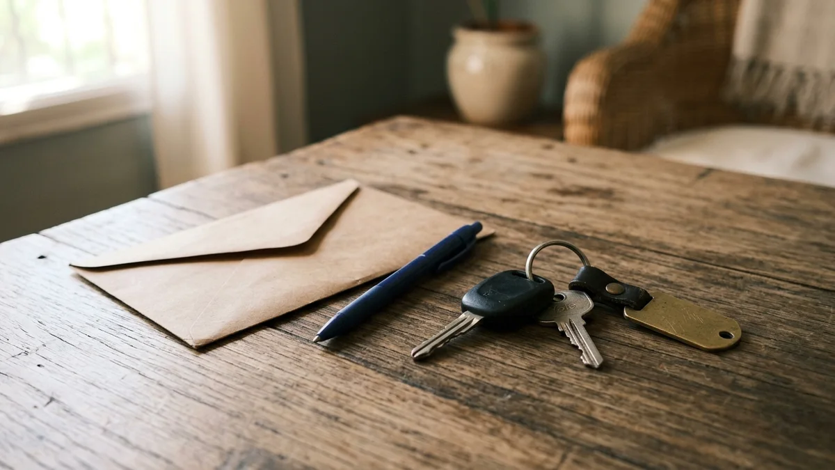 Llave de auto con llavero y sobre de papel madera sobre una mesa de madera clara con luz natural.
