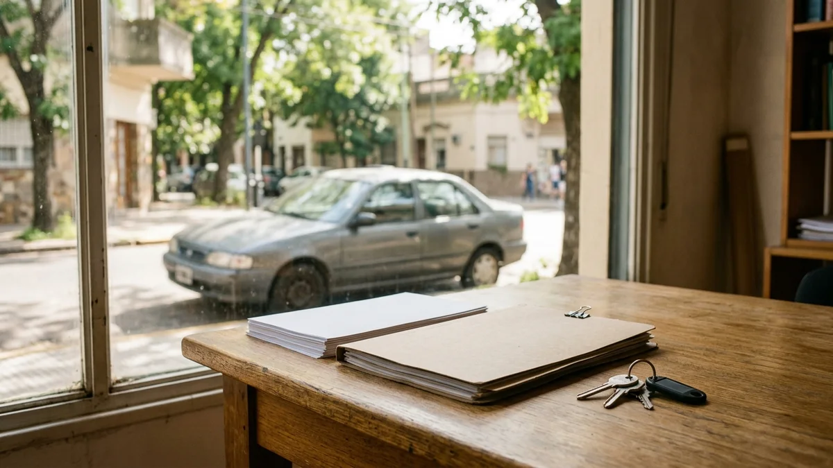 Mesa de oficina con una carpeta cerrada y llaves de auto; tras la ventana, un sedán usado estacionado en una calle arbolada.