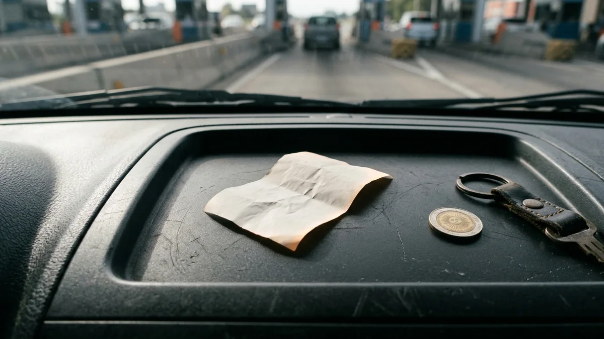 Papel térmico en blanco, arrugado, apoyado sobre la consola de un auto con luz lateral de tarde y una estación de peaje desenfocada al fondo.