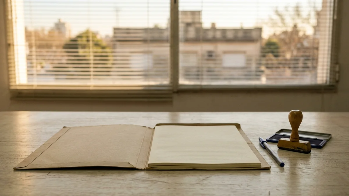 Carpeta beige abierta con hojas en blanco, lapicera y sello sobre un escritorio de madera junto a un ventanal con persiana.