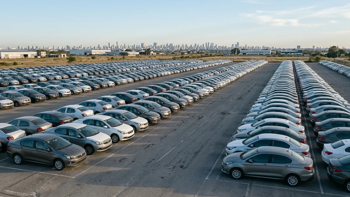 Hileras de autos alineados en una playa de estacionamiento bajo la luz de la mañana
