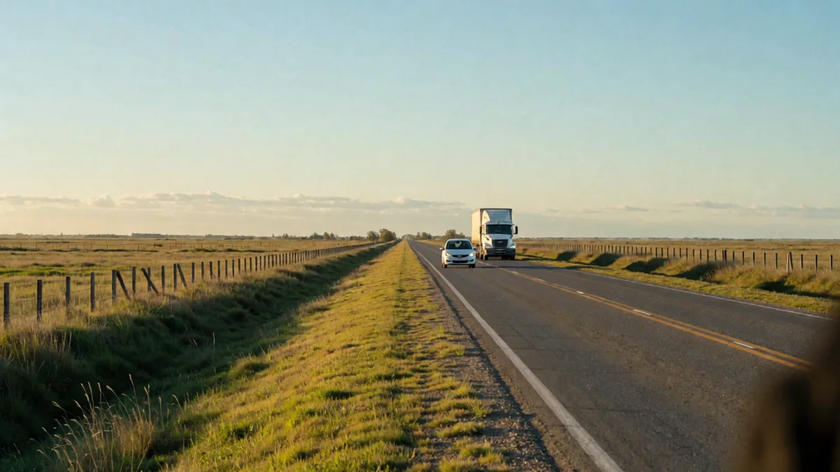 Ruta nacional en la llanura pampeana al atardecer, con un auto blanco y un camión de ruta circulando a distancia