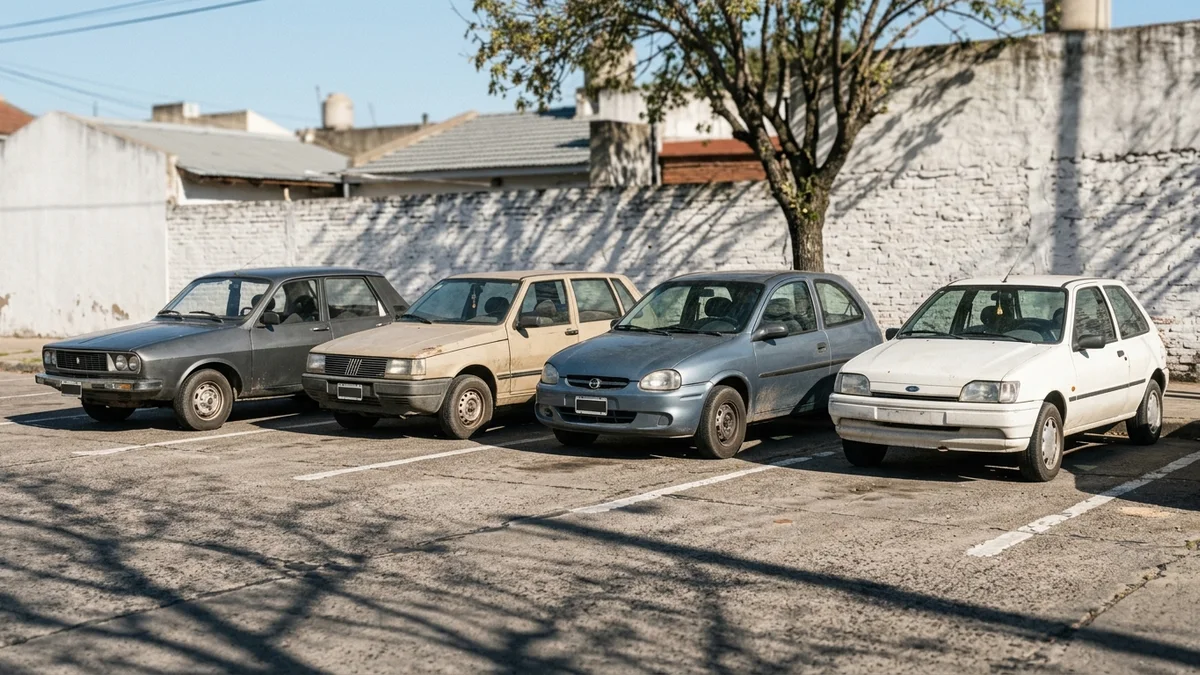 Cuatro autos comunes estacionados en fila en una playa descubierta de asfalto, con luz de media mañana y un paredón de ladrillo al fondo.