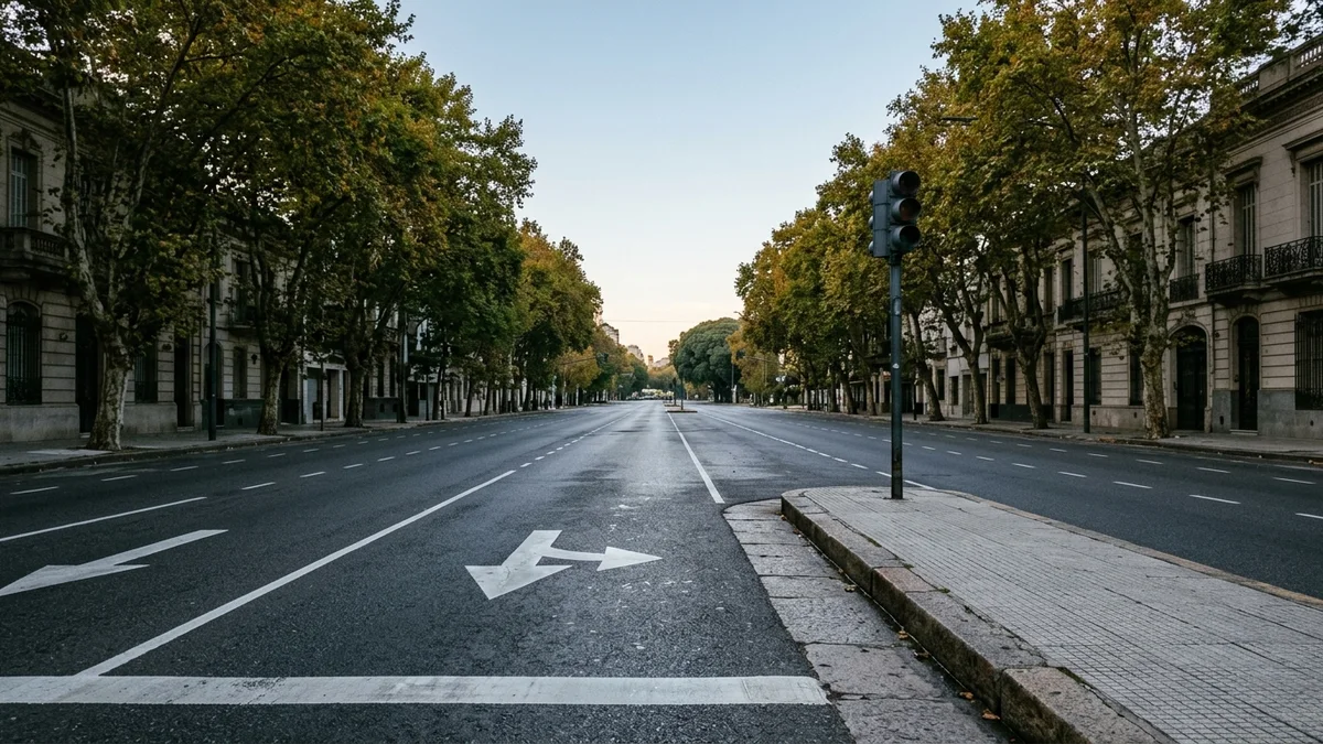 Avenida urbana vacía al amanecer, con flechas de giro y demarcación de carriles pintadas sobre el asfalto húmedo y arboleda a los costados.